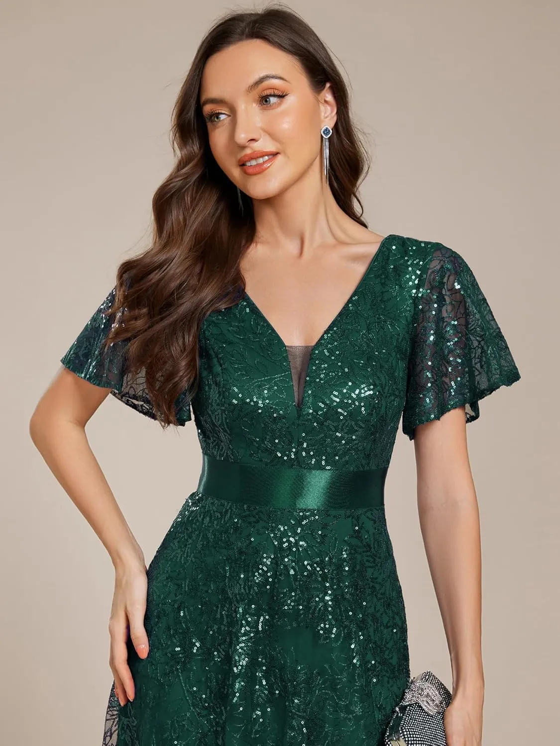 Ever-Pretty Women's V-Neck Sequin Embroidered Short Sleeve Floor-Length A-Line Empire Waist Evening Dresses 02314