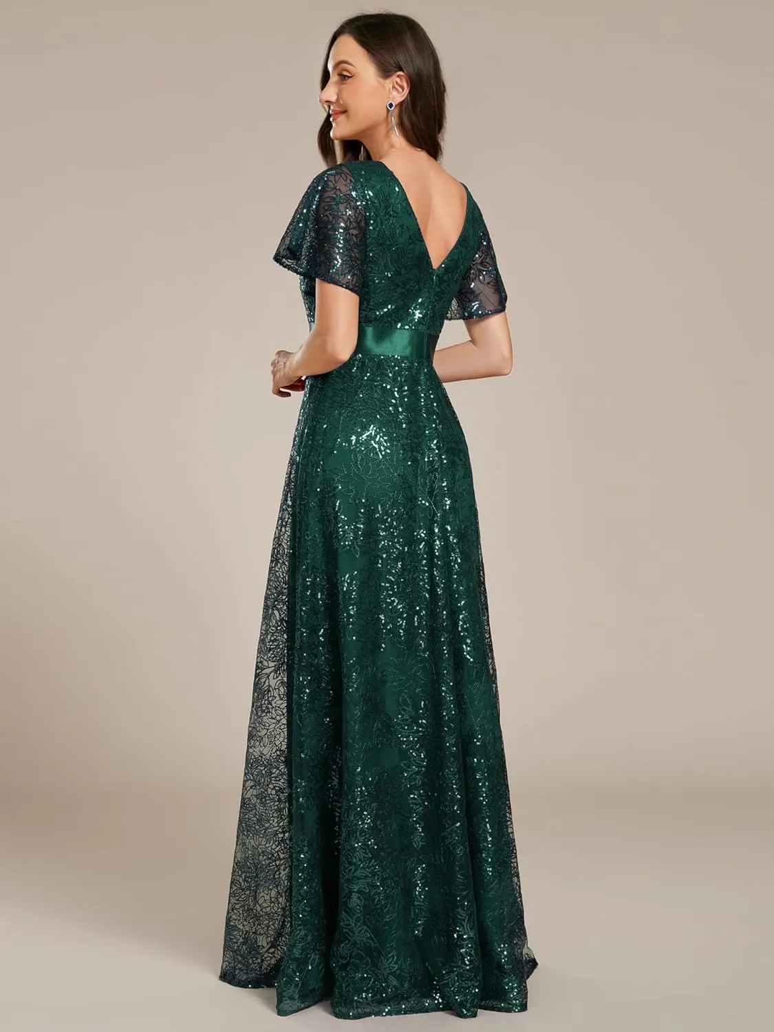 Ever-Pretty Women's V-Neck Sequin Embroidered Short Sleeve Floor-Length A-Line Empire Waist Evening Dresses 02314