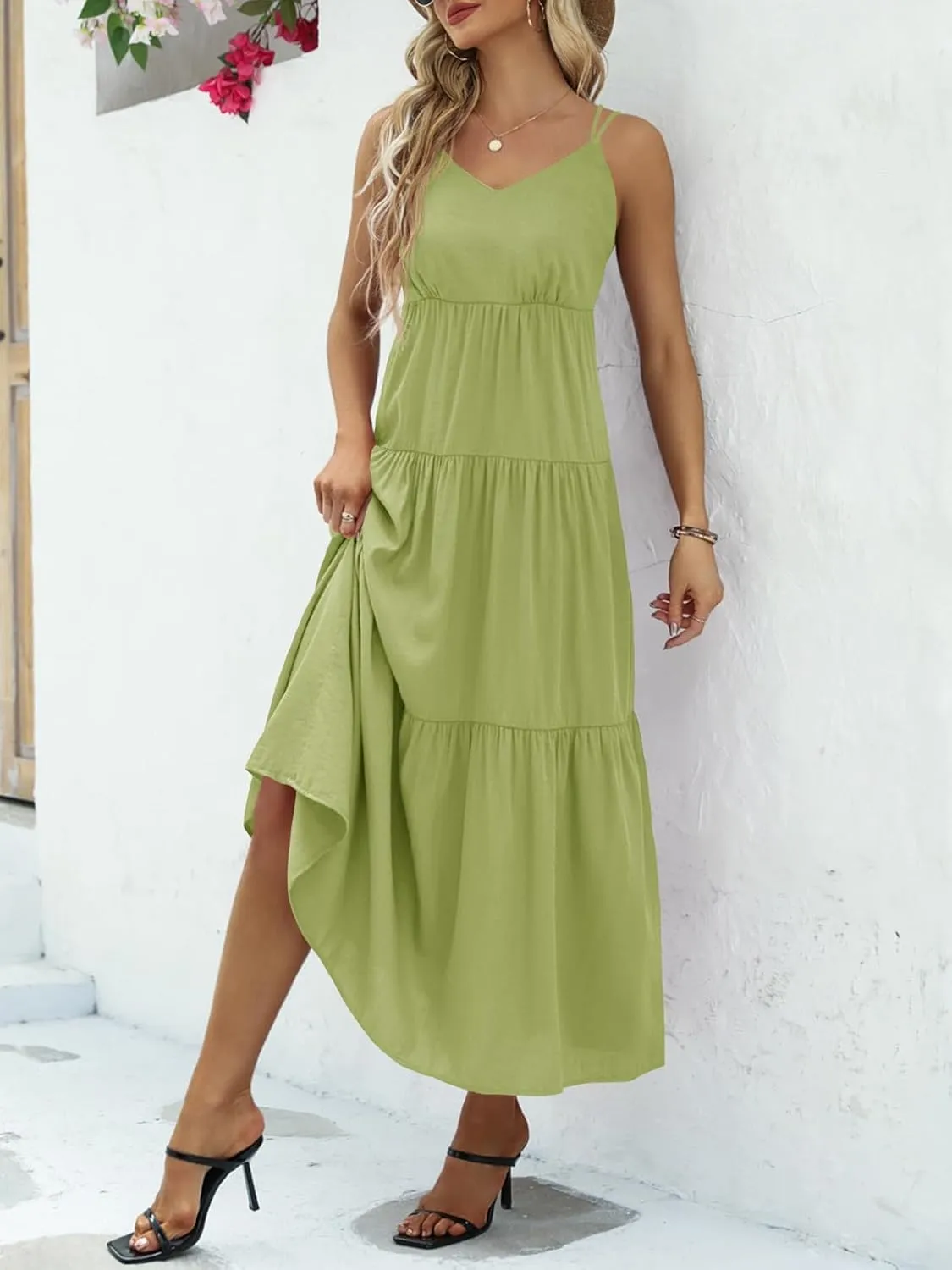 Febriajuce Womens Summer Maxi Dress Casaul Spaghetti Straps Solid V-Neck Backless Cami Dresses with Two Pockets
