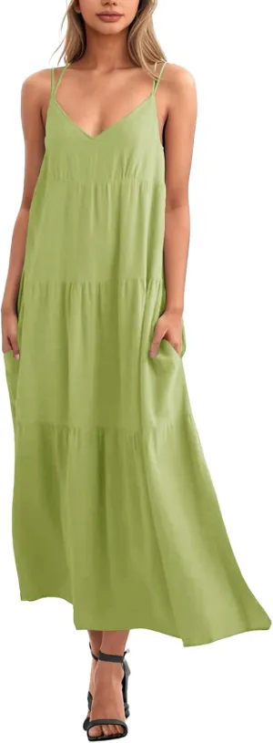 Febriajuce Womens Summer Maxi Dress Casaul Spaghetti Straps Solid V-Neck Backless Cami Dresses with Two Pockets