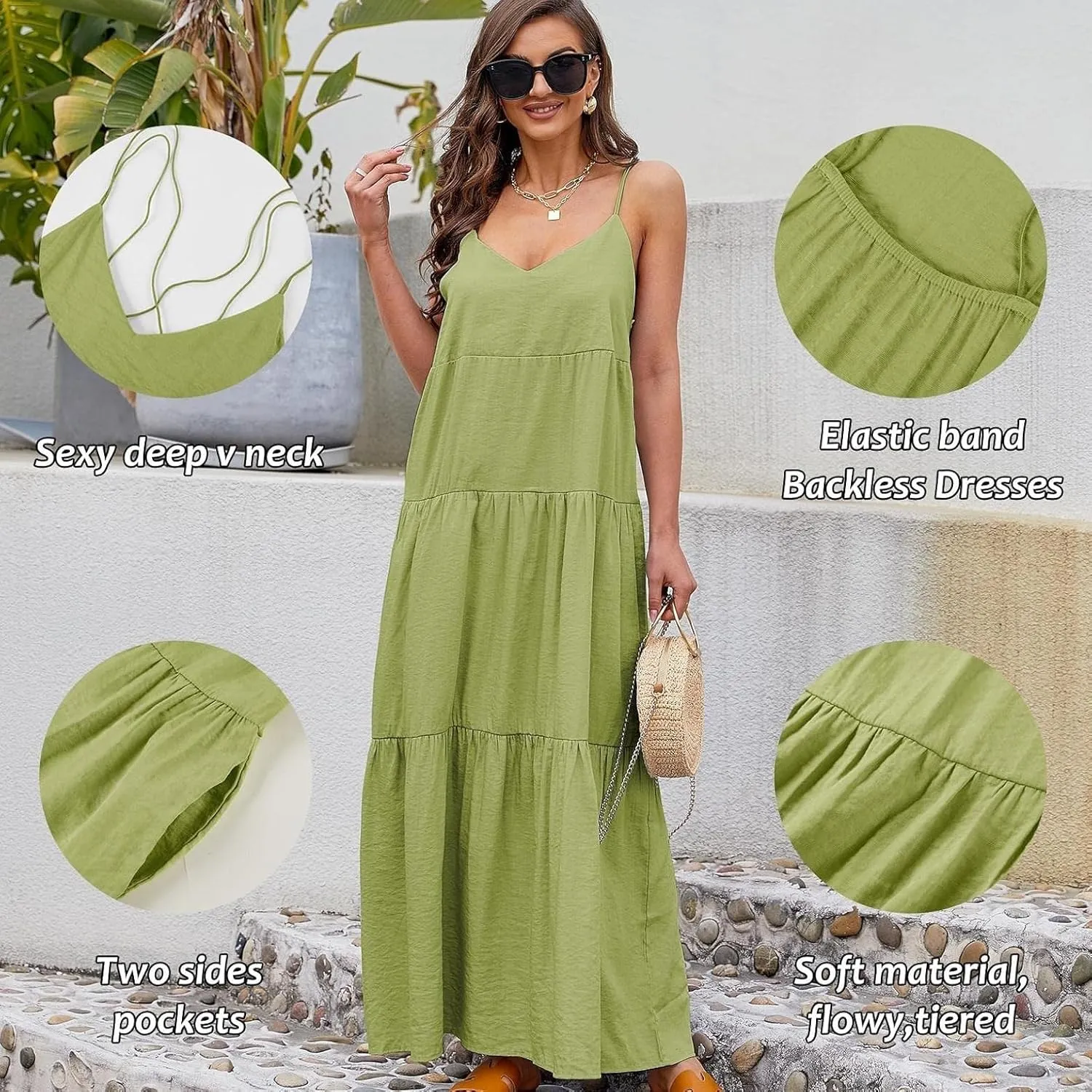 Febriajuce Womens Summer Maxi Dress Casaul Spaghetti Straps Solid V-Neck Backless Cami Dresses with Two Pockets