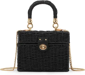 Fecialy Women Handwoven Rattan Handbag Beach Straw Tote Bag Square Boho Crossbody Bag