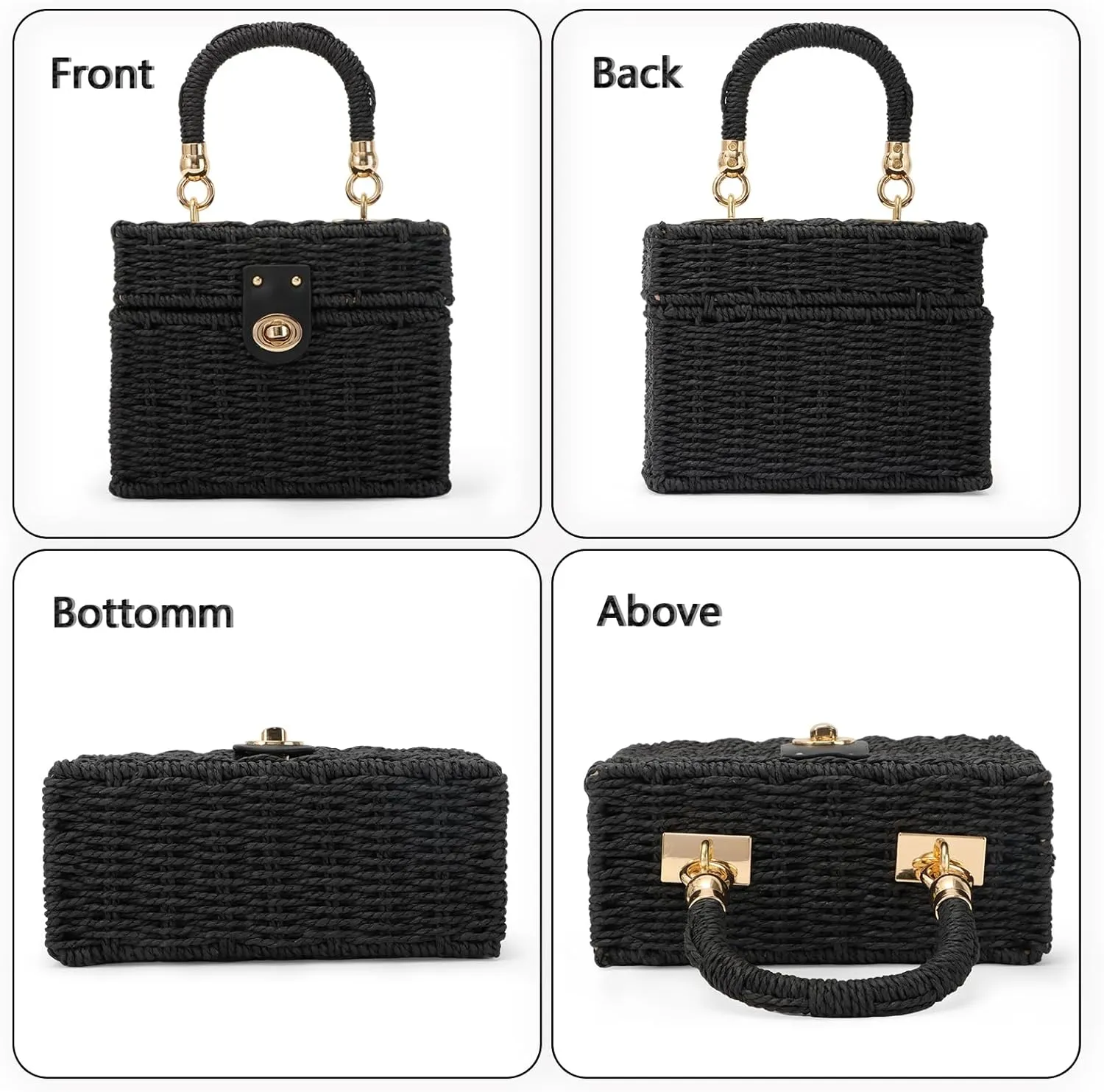 Fecialy Women Handwoven Rattan Handbag Beach Straw Tote Bag Square Boho Crossbody Bag