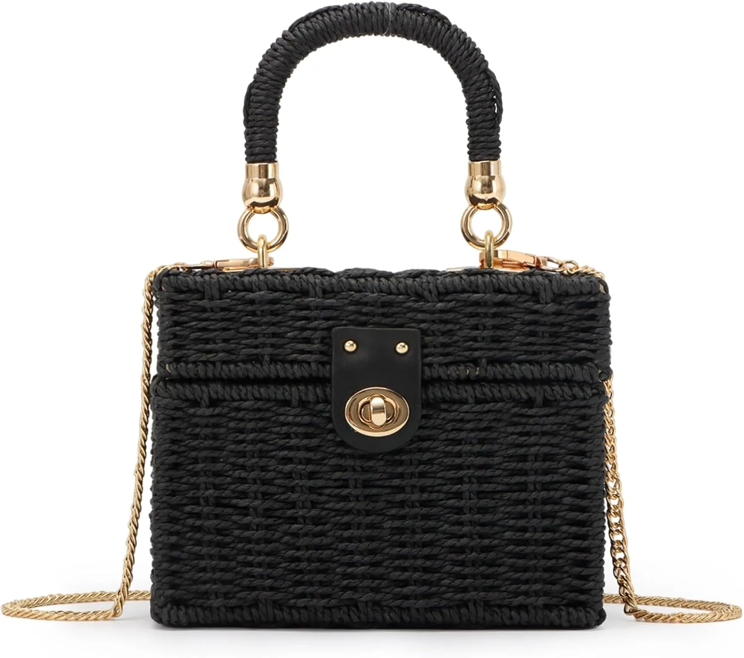 Fecialy Women Handwoven Rattan Handbag Beach Straw Tote Bag Square Boho Crossbody Bag