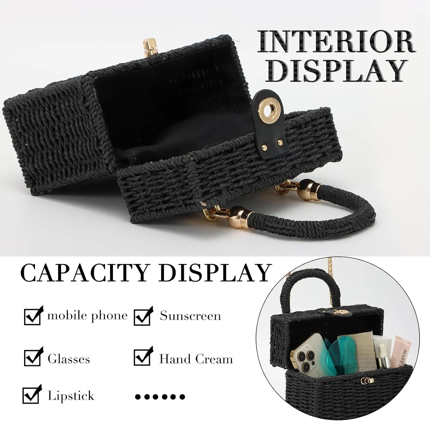 Fecialy Women Handwoven Rattan Handbag Beach Straw Tote Bag Square Boho Crossbody Bag