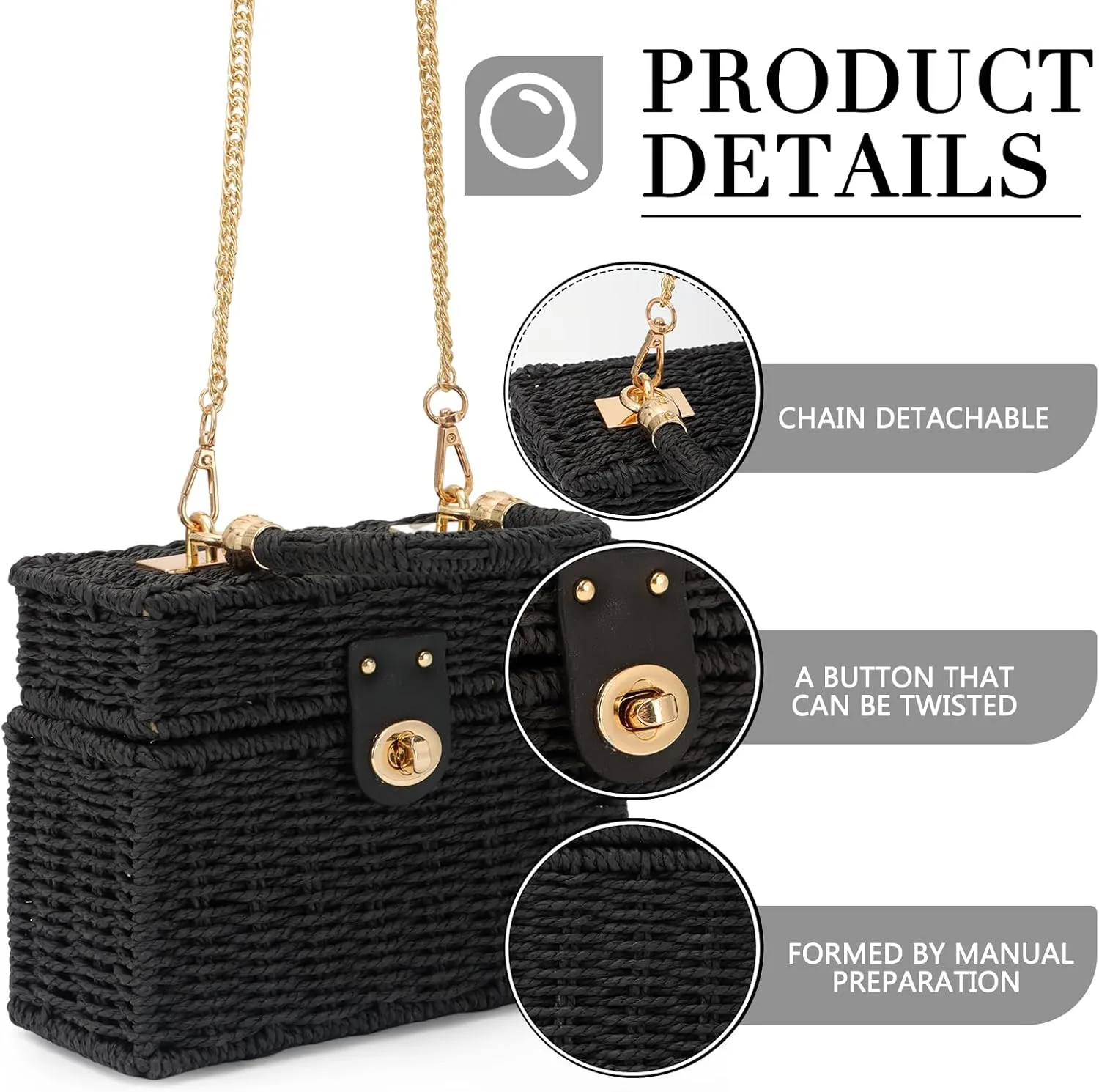 Fecialy Women Handwoven Rattan Handbag Beach Straw Tote Bag Square Boho Crossbody Bag