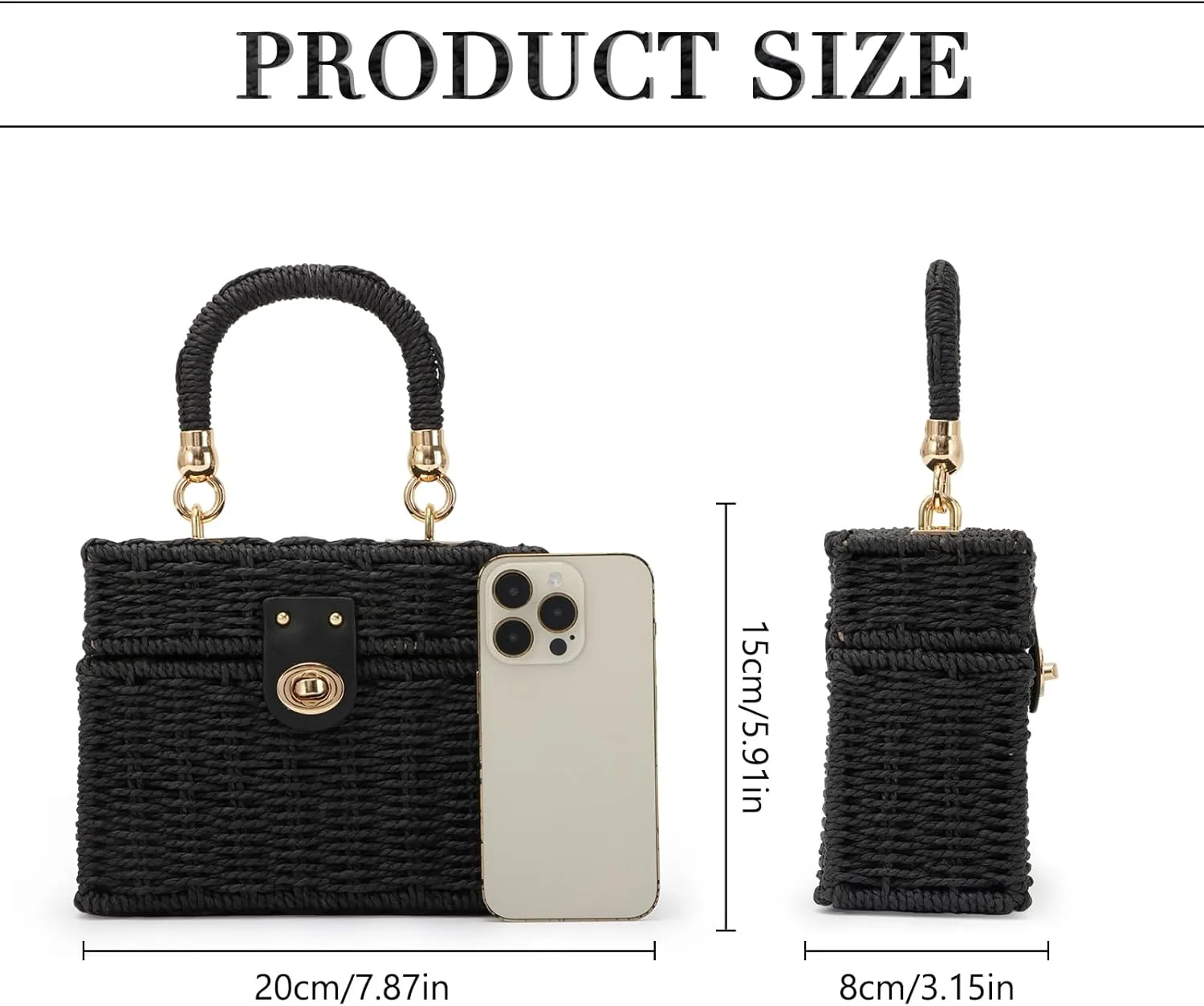 Fecialy Women Handwoven Rattan Handbag Beach Straw Tote Bag Square Boho Crossbody Bag