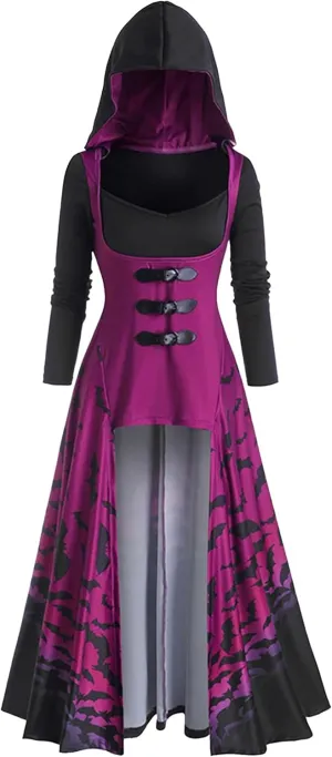FEOYA Gothic Hooded Sweatshirt Dress for Women High Low Medieval Cloak Robe Steampunk Halloween Dresses Pullover