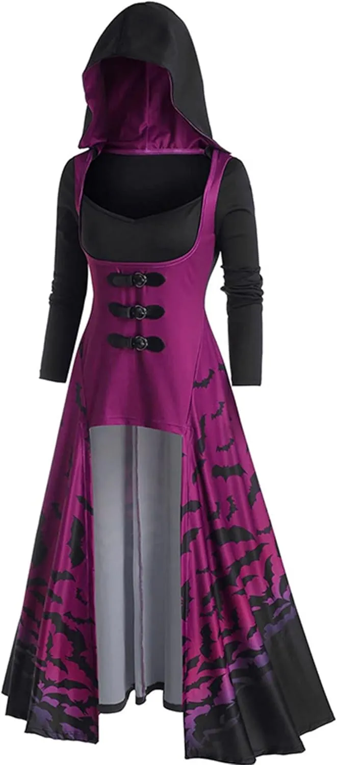 FEOYA Gothic Hooded Sweatshirt Dress for Women High Low Medieval Cloak Robe Steampunk Halloween Dresses Pullover