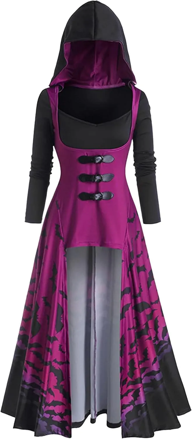FEOYA Gothic Hooded Sweatshirt Dress for Women High Low Medieval Cloak Robe Steampunk Halloween Dresses Pullover