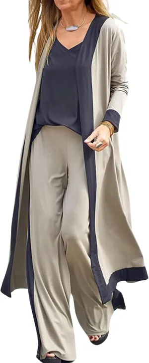 FindThy Womens 3 Piece Pajama Sets Long Sleeve Open Front Loungewear Long Cardigan Outfits(1778-GreenA1-M-LB)