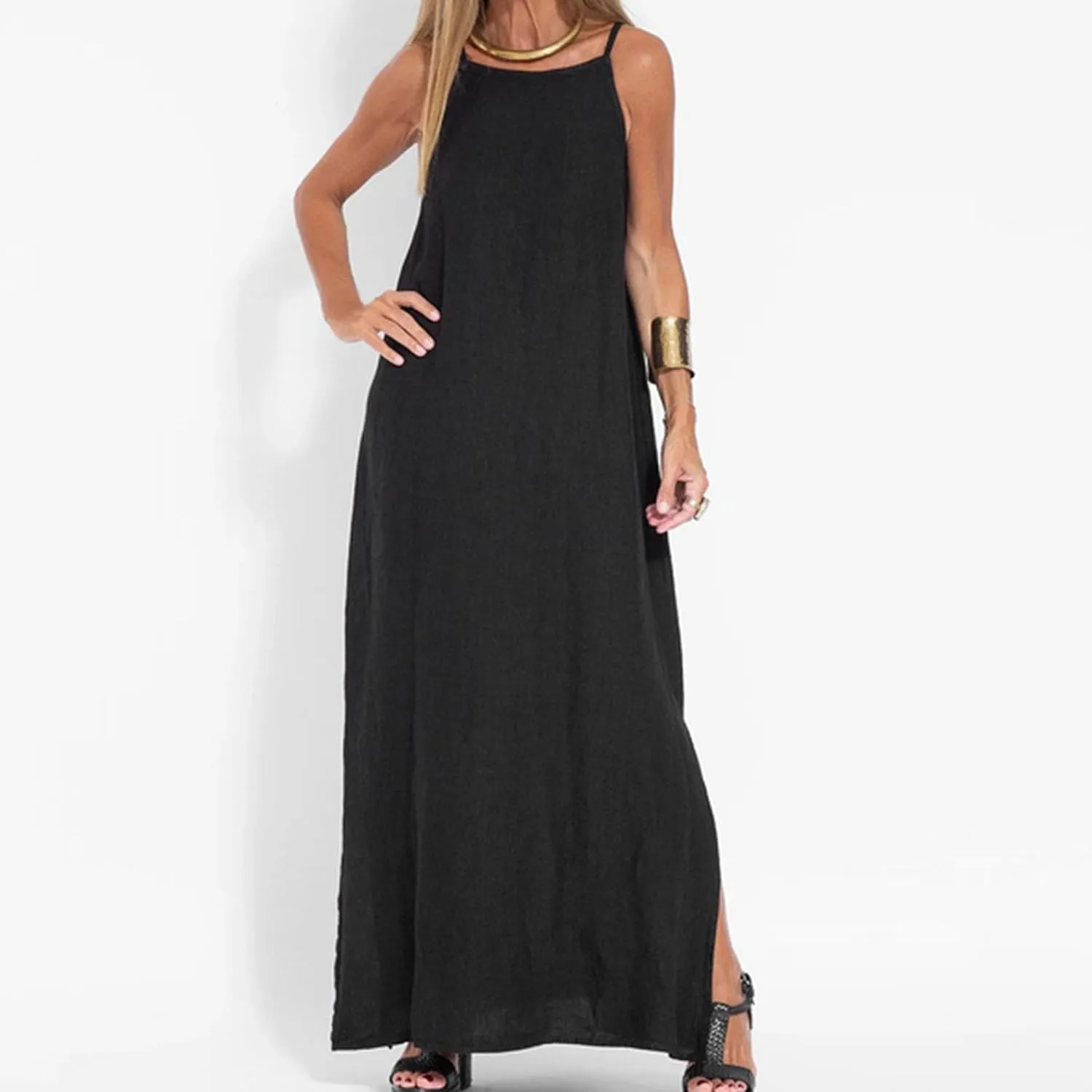 Firzero Womens Casual Tank Dress 2024 Summer Crewneck Sleeveless Sundress Cotton Linen Long Dresses Flowy Maxi Beach Dress