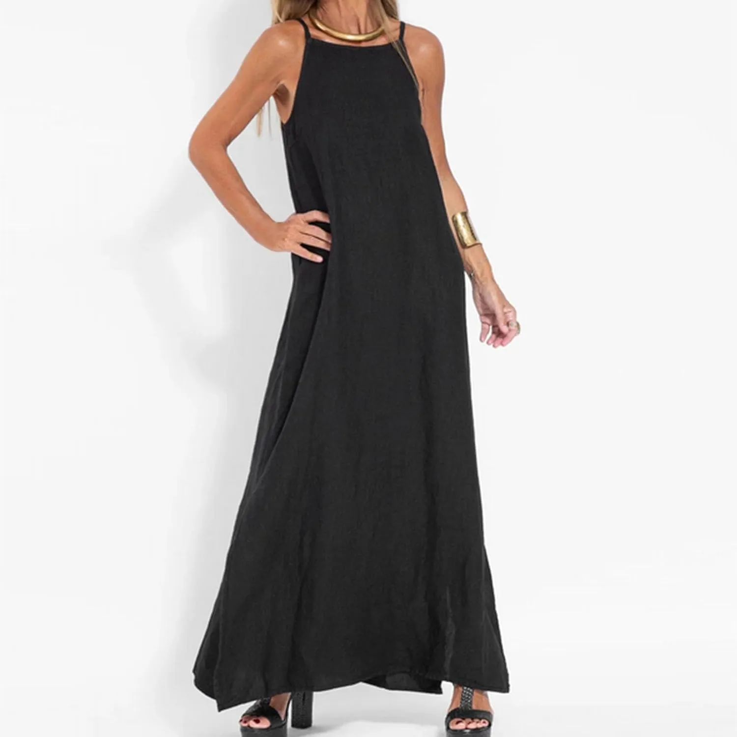 Firzero Womens Casual Tank Dress 2024 Summer Crewneck Sleeveless Sundress Cotton Linen Long Dresses Flowy Maxi Beach Dress