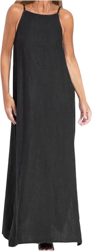 Firzero Womens Casual Tank Dress 2024 Summer Crewneck Sleeveless Sundress Cotton Linen Long Dresses Flowy Maxi Beach Dress