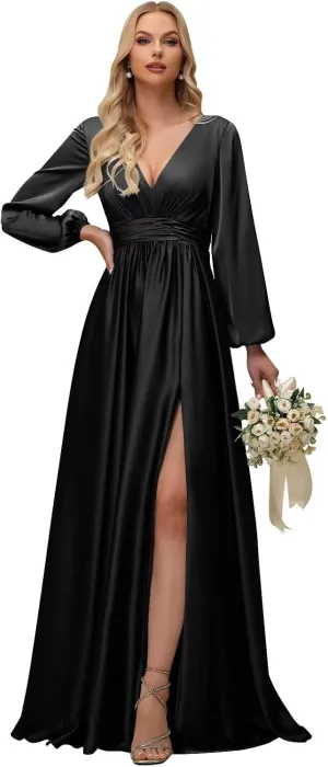 Fivsole Women's Satin Bridesmaid Dresses with Sleeves Long with Slit Long Sleeves Formal Dress Evening Gowns