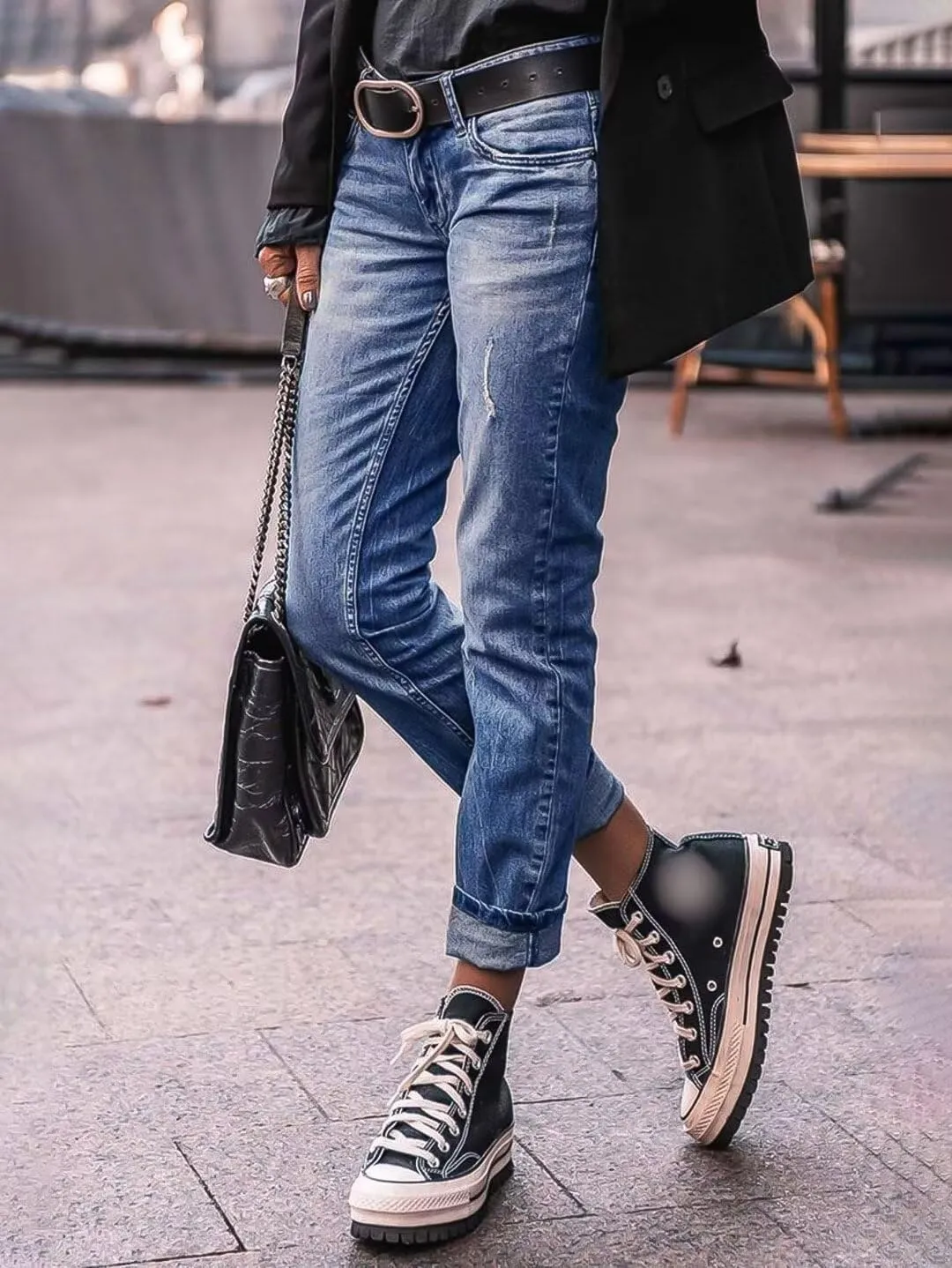 Flamingals Cropped Straight Leg Mid Rise Boyfriend Ripped Wash Roll Hem Denim Jeans