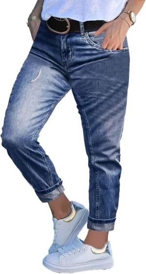 Flamingals Cropped Straight Leg Mid Rise Boyfriend Ripped Wash Roll Hem Denim Jeans