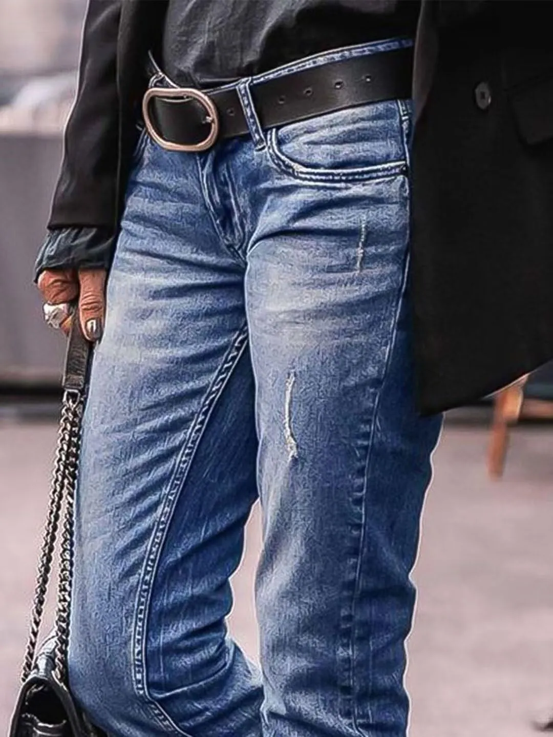 Flamingals Cropped Straight Leg Mid Rise Boyfriend Ripped Wash Roll Hem Denim Jeans