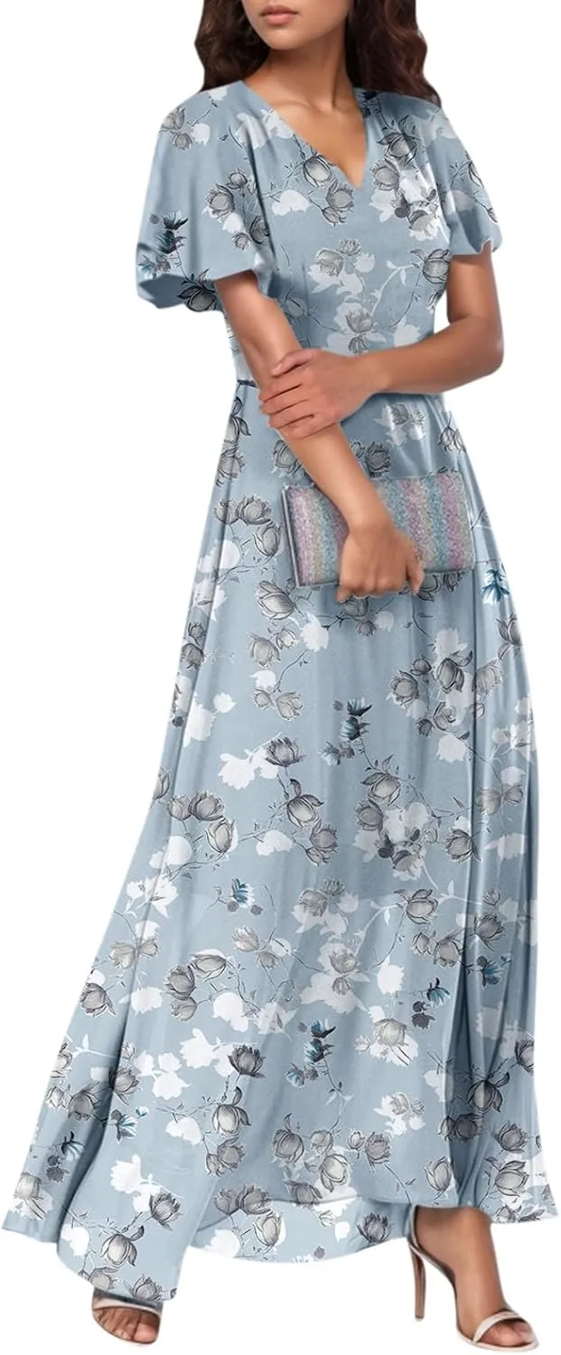 FlekmanArt Maxi Dresses for Women 2025 Swing Flowy Ruffle Hem Swing Dresses Chiffon Comfy Summer Maxi Dress