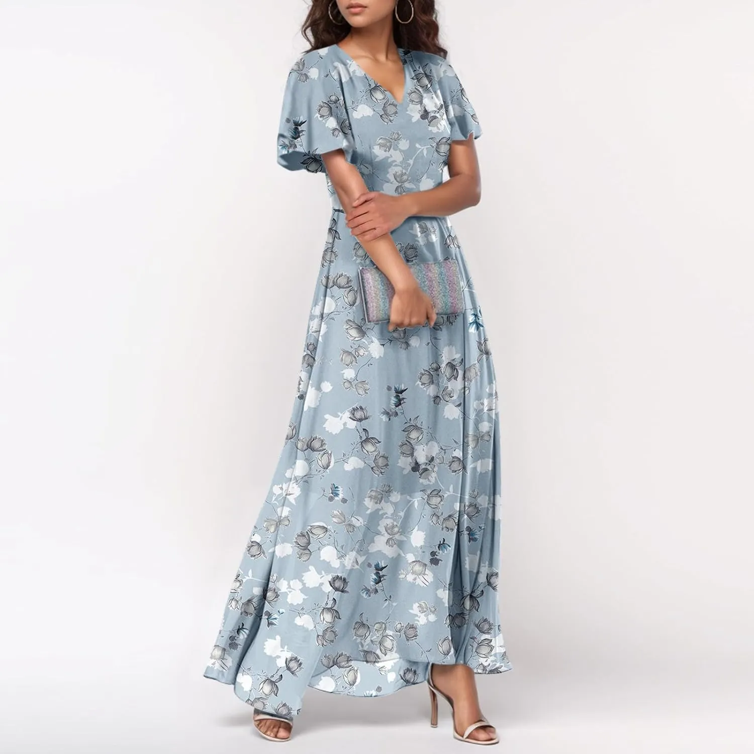 FlekmanArt Maxi Dresses for Women 2025 Swing Flowy Ruffle Hem Swing Dresses Chiffon Comfy Summer Maxi Dress
