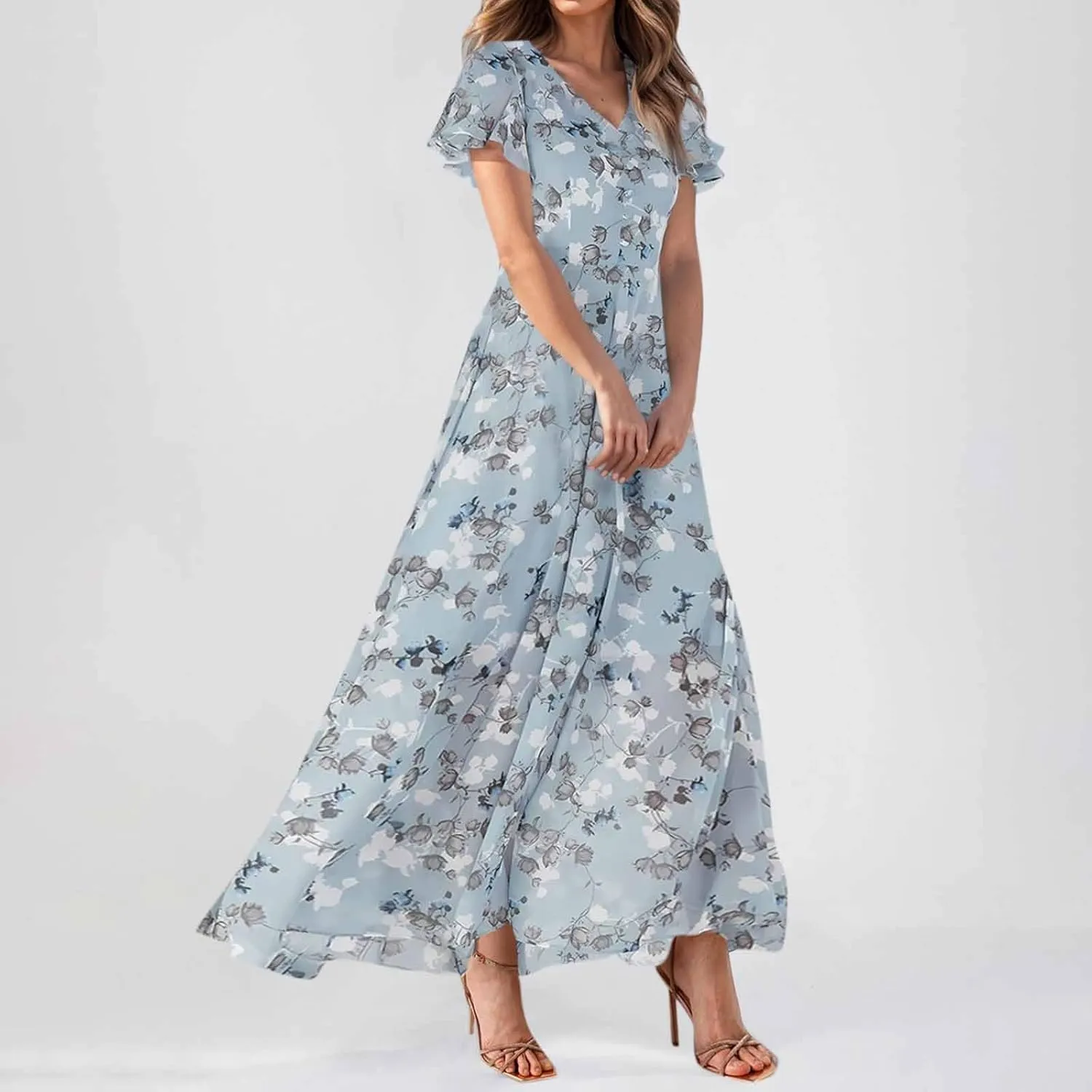 FlekmanArt Maxi Dresses for Women 2025 Swing Flowy Ruffle Hem Swing Dresses Chiffon Comfy Summer Maxi Dress