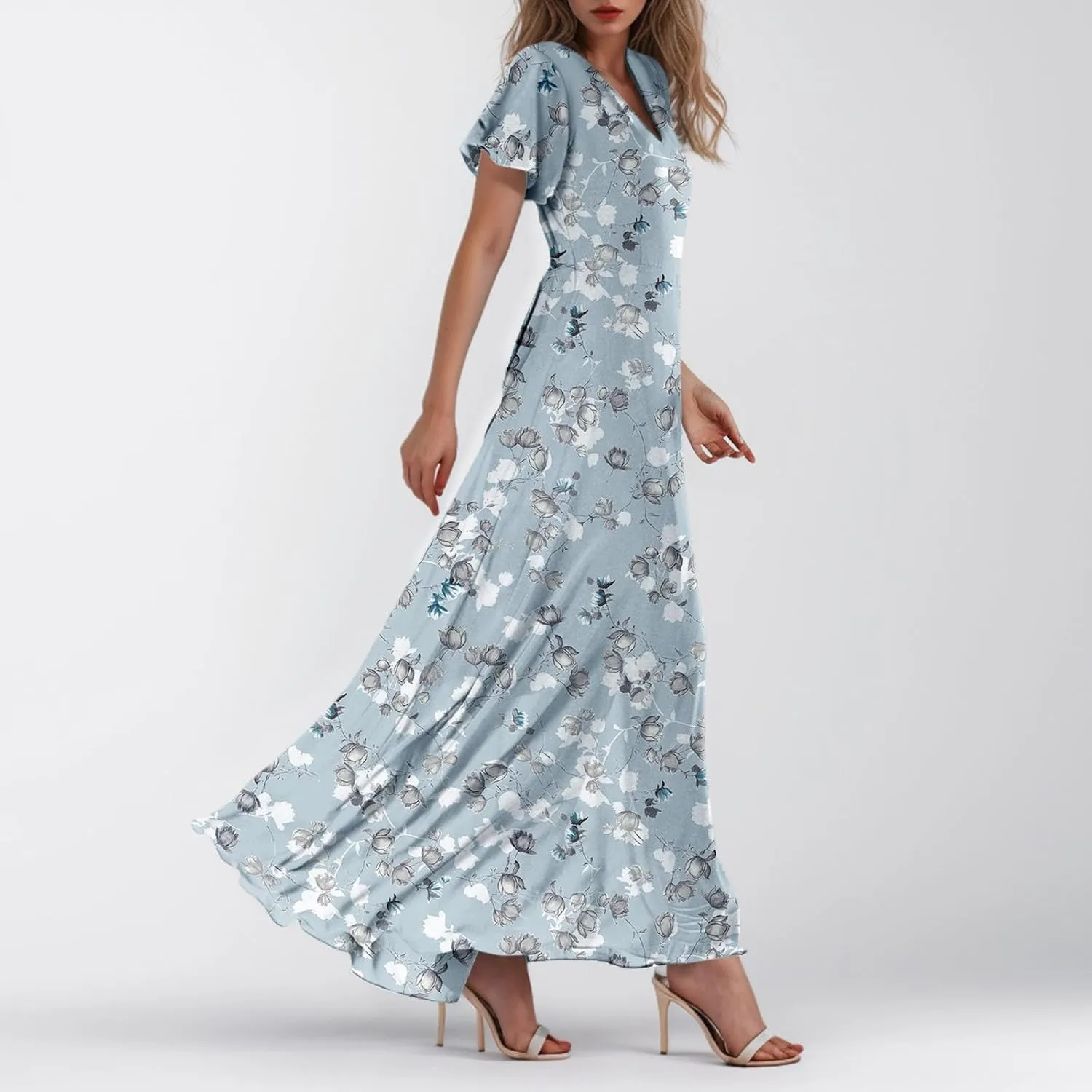 FlekmanArt Maxi Dresses for Women 2025 Swing Flowy Ruffle Hem Swing Dresses Chiffon Comfy Summer Maxi Dress
