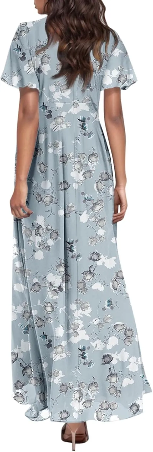 FlekmanArt Maxi Dresses for Women 2025 Swing Flowy Ruffle Hem Swing Dresses Chiffon Comfy Summer Maxi Dress