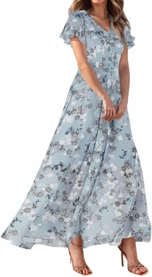 FlekmanArt Maxi Dresses for Women 2025 Swing Flowy Ruffle Hem Swing Dresses Chiffon Comfy Summer Maxi Dress