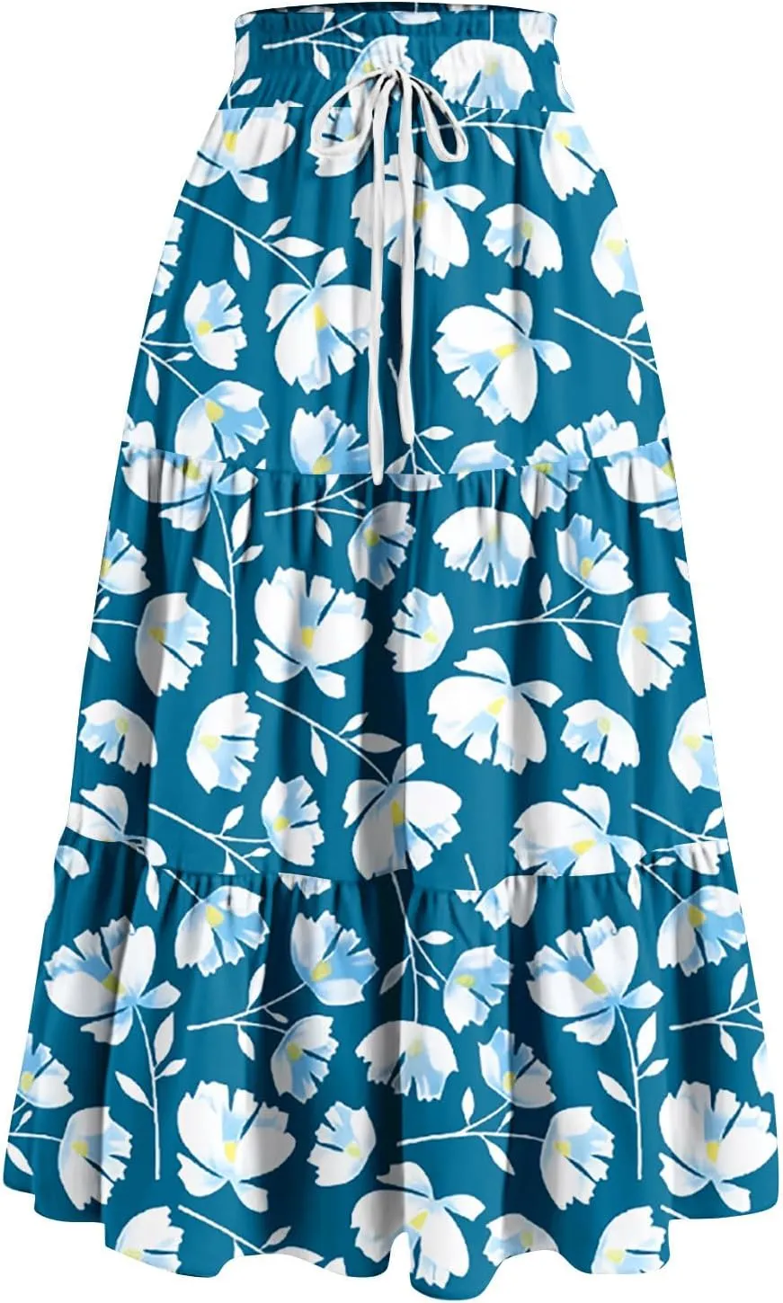 FlekmanArt Maxi Skirts for Women Trendy Summer A Line Long Skirt Drawstring High Waisted Tiered Flowy Pleated Skirt