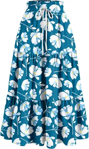 FlekmanArt Maxi Skirts for Women Trendy Summer A Line Long Skirt Drawstring High Waisted Tiered Flowy Pleated Skirt