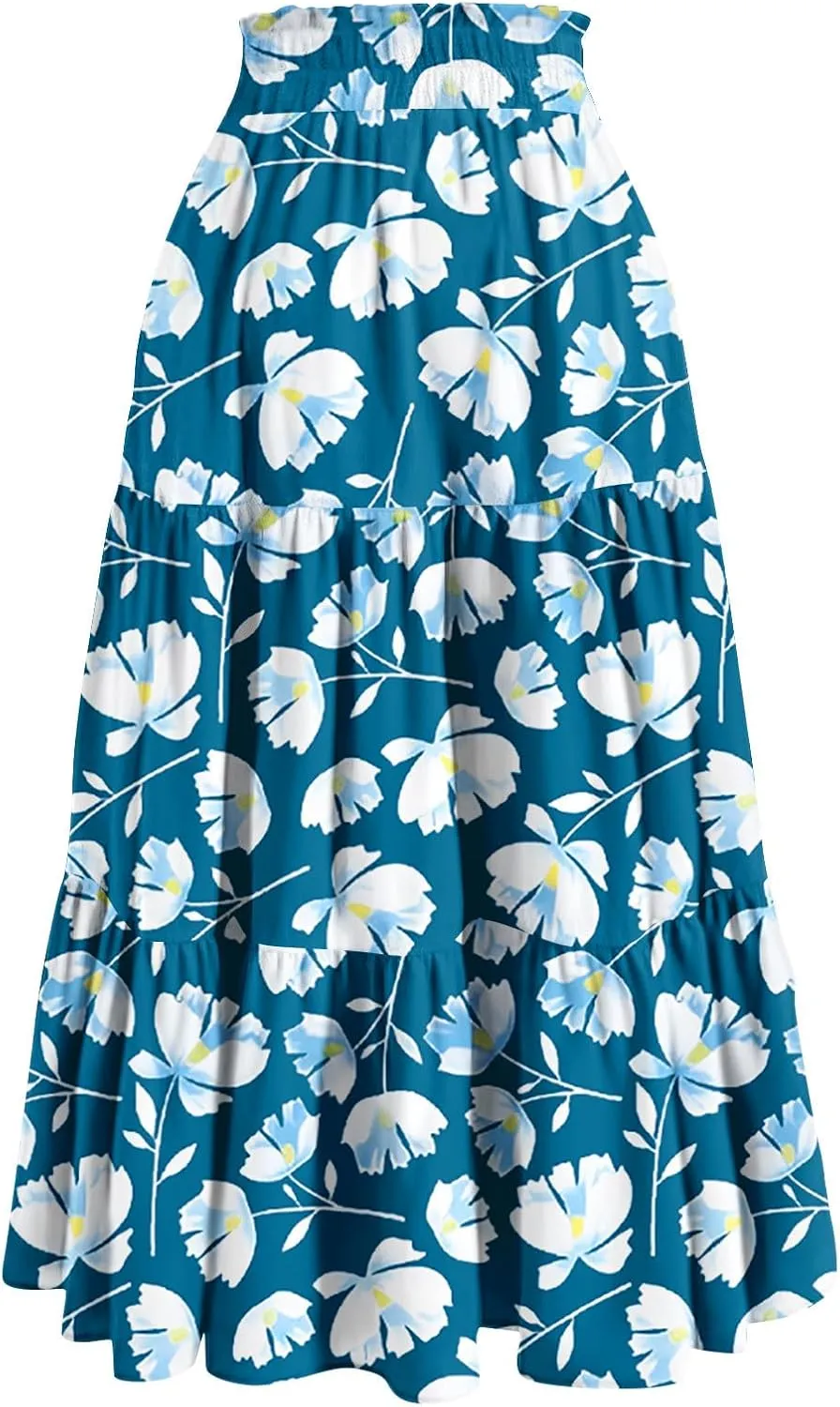FlekmanArt Maxi Skirts for Women Trendy Summer A Line Long Skirt Drawstring High Waisted Tiered Flowy Pleated Skirt
