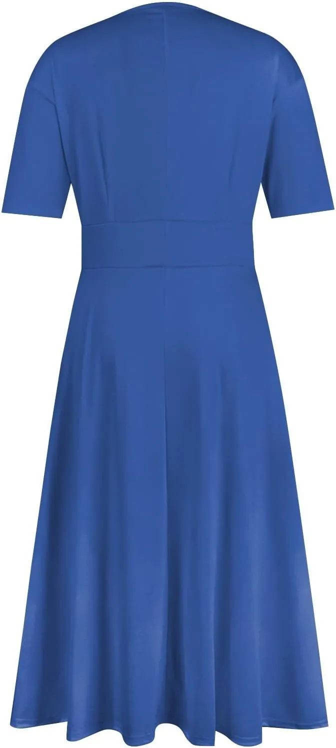 FlekmanArt Midi Dresses for Women A-Line Printing Swing Dress Short Sleeve Maxi Dress Waist V Neck Dressy Beach Dress