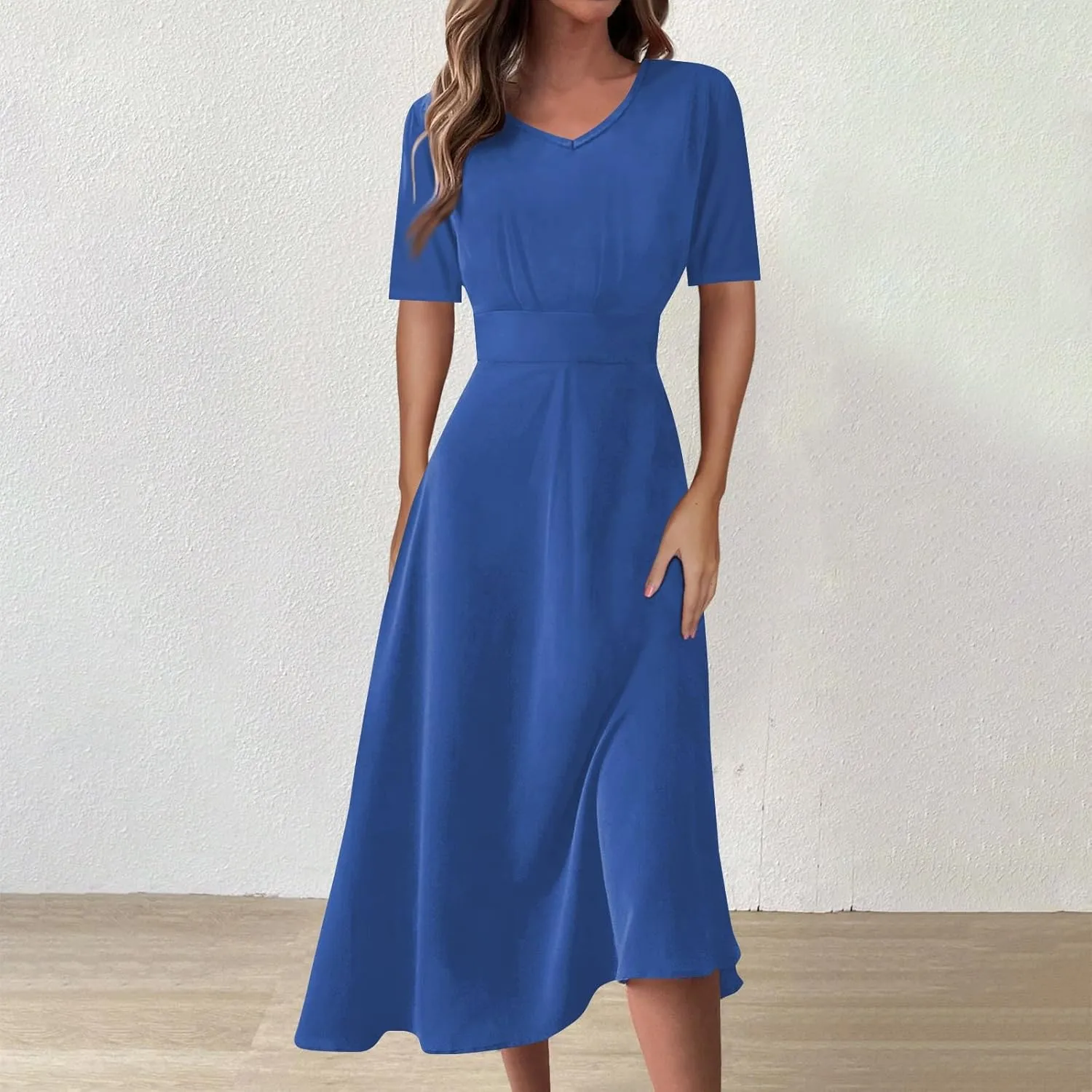 FlekmanArt Midi Dresses for Women A-Line Printing Swing Dress Short Sleeve Maxi Dress Waist V Neck Dressy Beach Dress