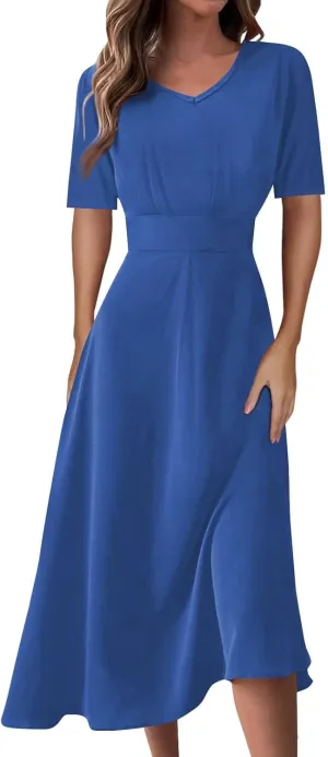 FlekmanArt Midi Dresses for Women A-Line Printing Swing Dress Short Sleeve Maxi Dress Waist V Neck Dressy Beach Dress