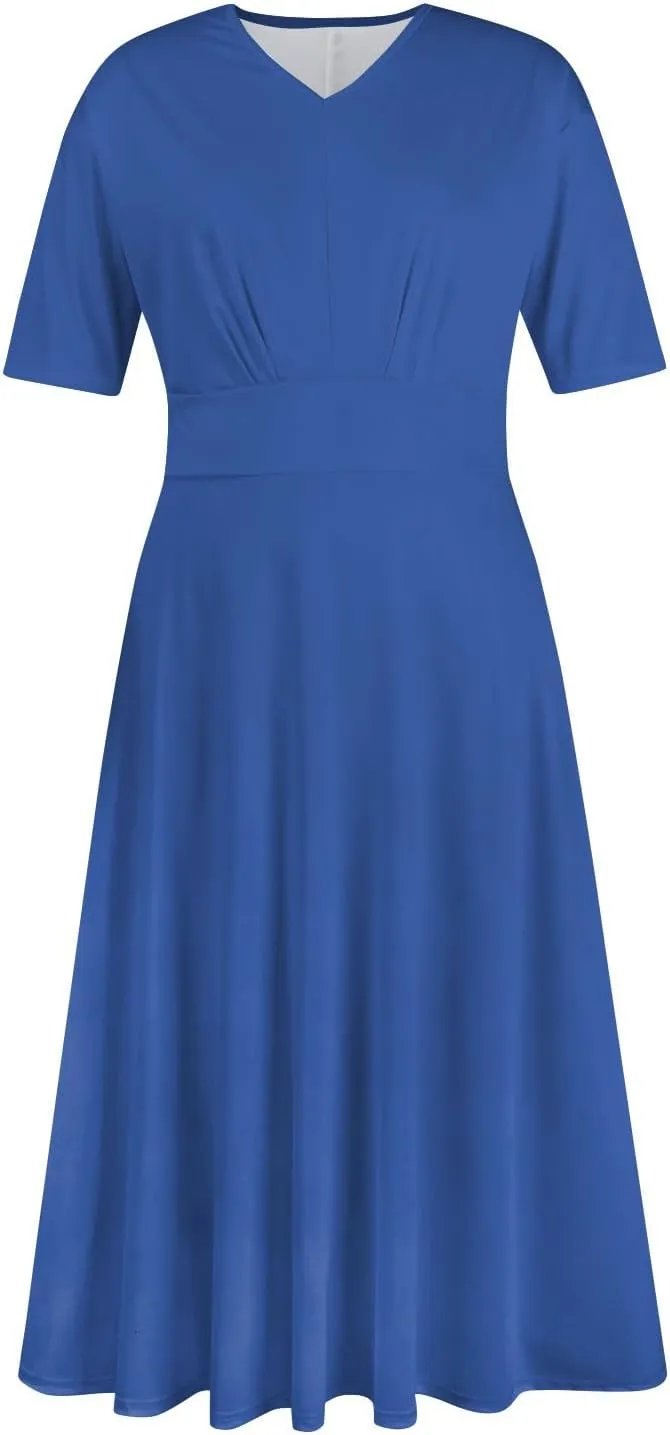 FlekmanArt Midi Dresses for Women A-Line Printing Swing Dress Short Sleeve Maxi Dress Waist V Neck Dressy Beach Dress