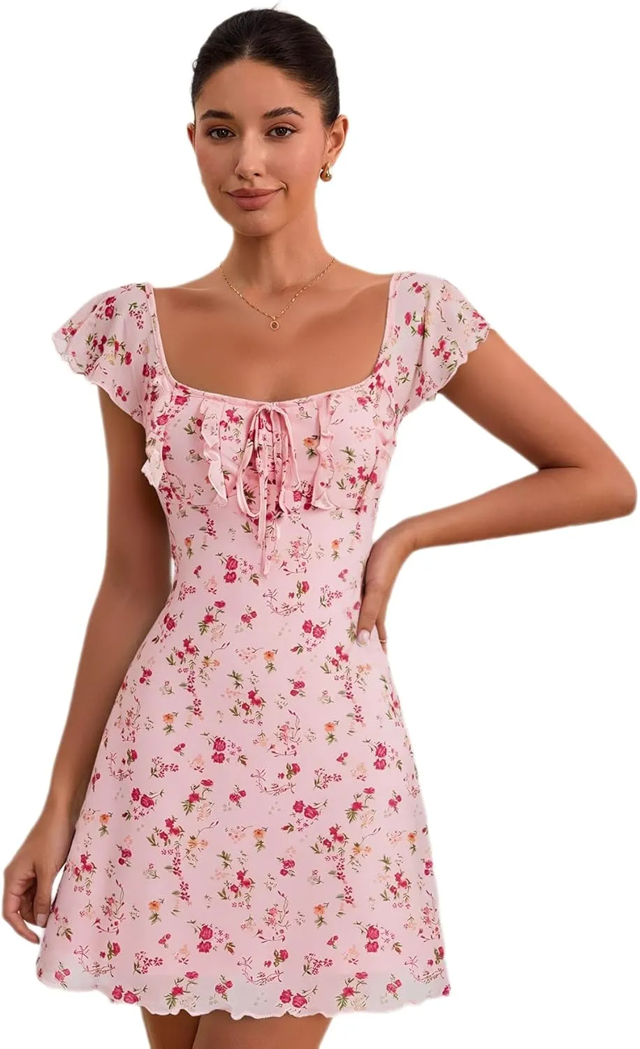 Floerns Women's Floral Print Cap Sleeve Dress Square Neck Tie Front Summer A Line Cute Mini Dresses