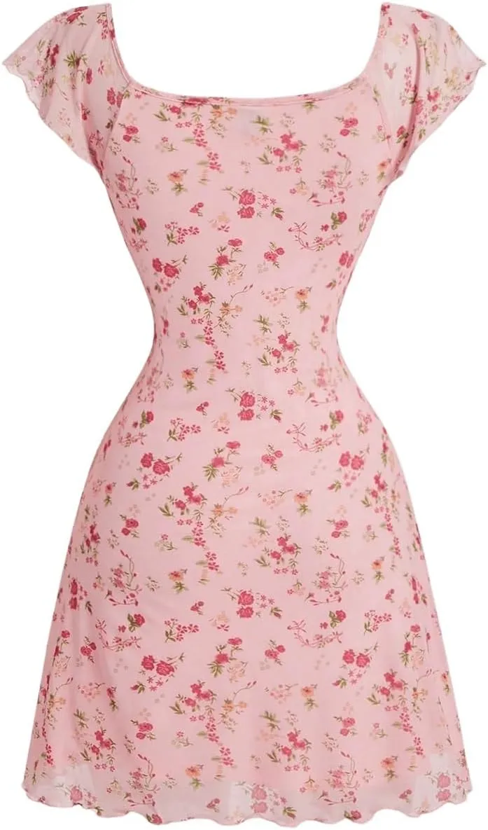 Floerns Women's Floral Print Cap Sleeve Dress Square Neck Tie Front Summer A Line Cute Mini Dresses