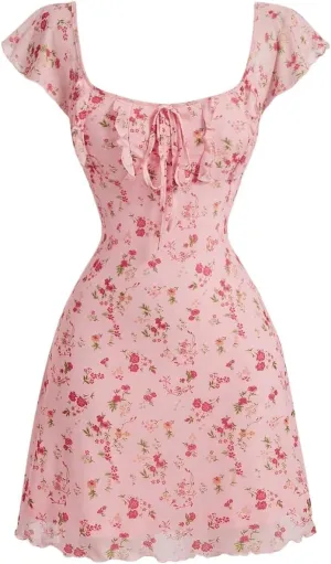 Floerns Women's Floral Print Cap Sleeve Dress Square Neck Tie Front Summer A Line Cute Mini Dresses
