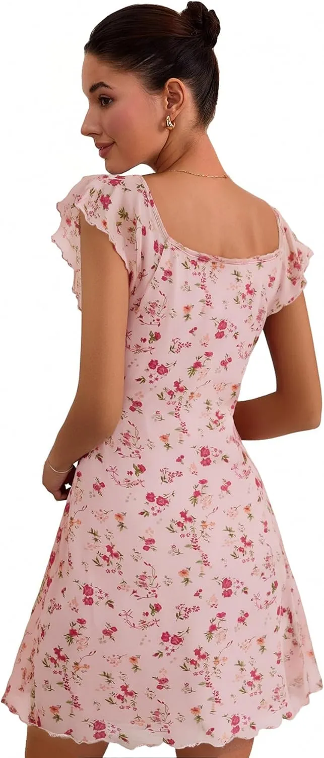 Floerns Women's Floral Print Cap Sleeve Dress Square Neck Tie Front Summer A Line Cute Mini Dresses