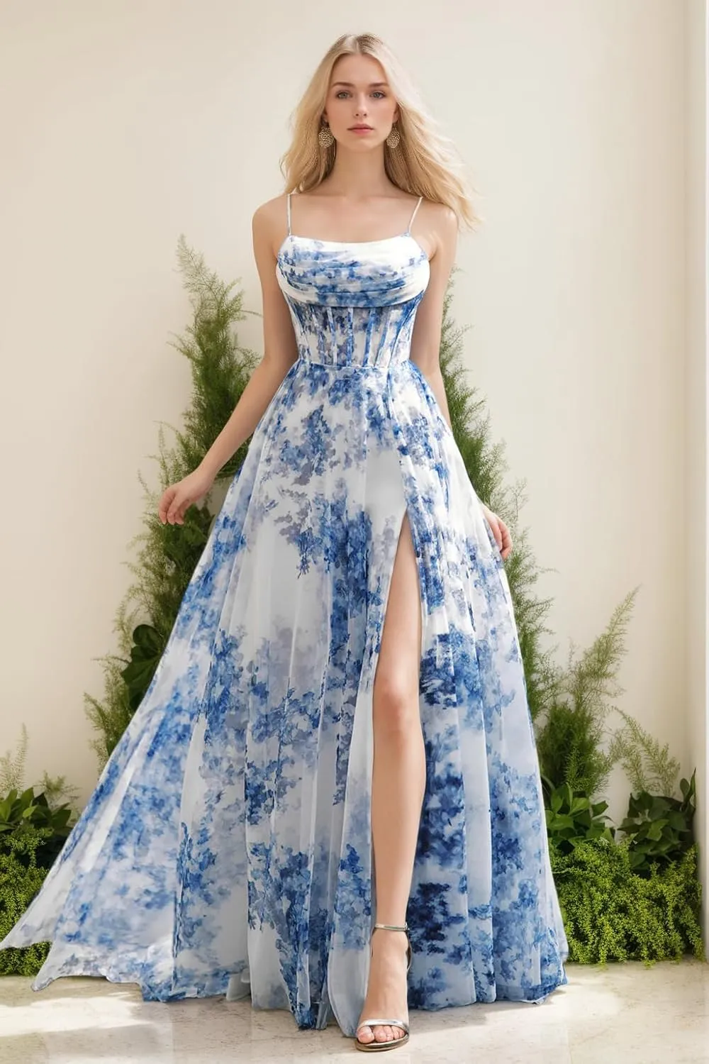 Floral Chiffon Prom Dresses 2025 A-Line Ball Gown Long Bridesmaid Dresses with Slit Formal Evening Gowns