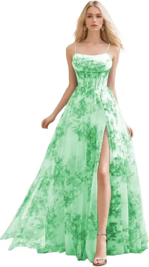 Floral Chiffon Prom Dresses 2025 A-Line Ball Gown Long Bridesmaid Dresses with Slit Formal Evening Gowns
