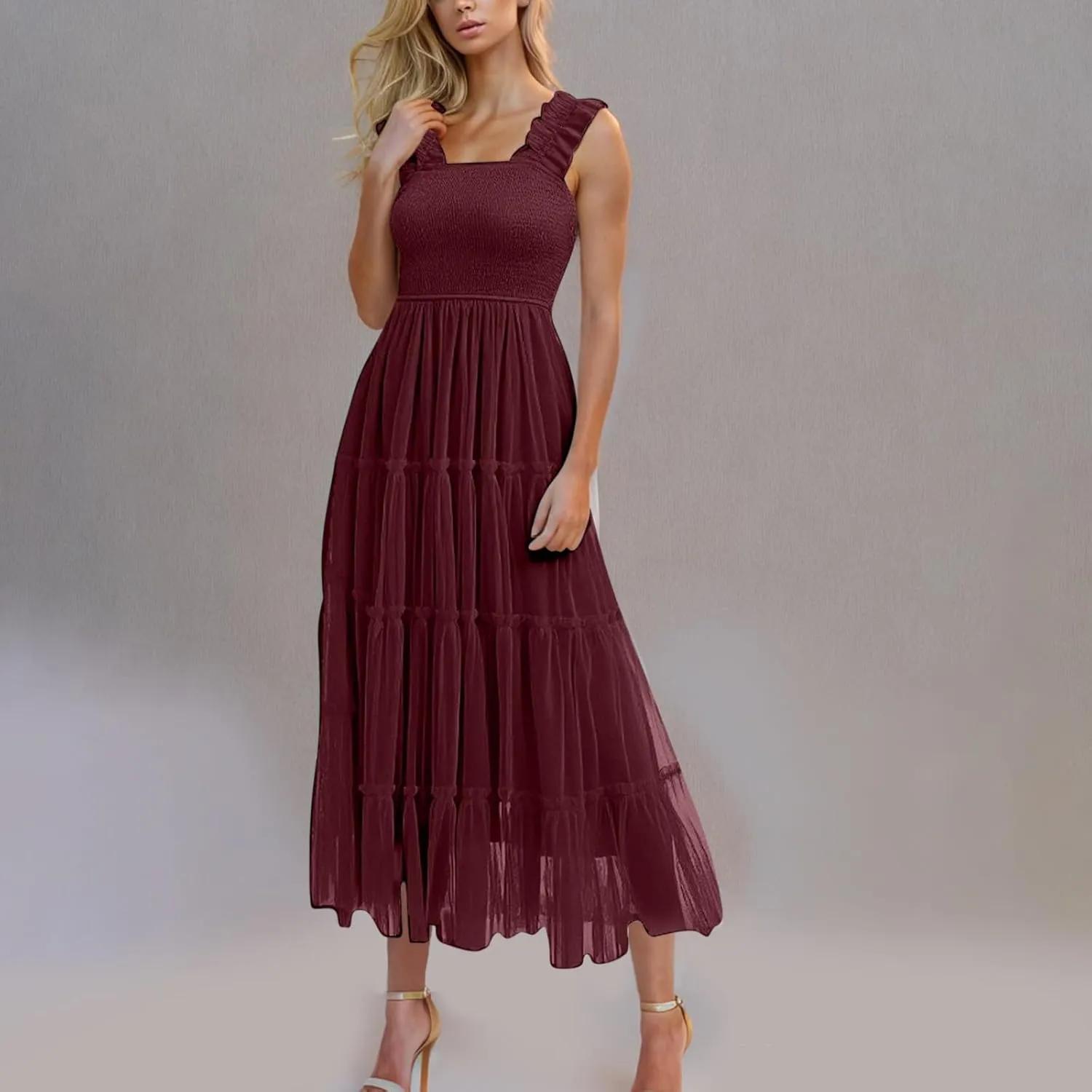 Flowy Dresses for Women Trendy Summer Midi Beach Dress Sleeveless Smocked Square Neck Party Wedding Guest Sundress