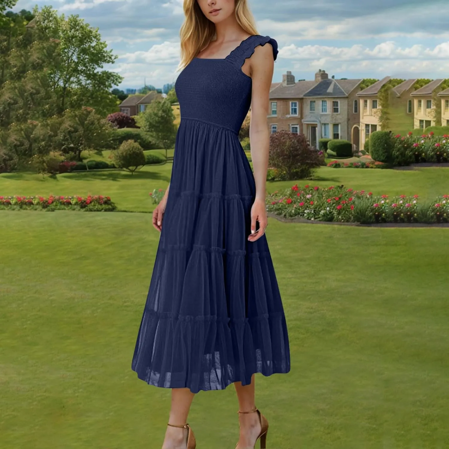 Flowy Dresses for Women Trendy Summer Midi Beach Dress Sleeveless Smocked Square Neck Party Wedding Guest Sundress