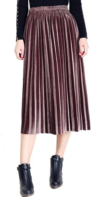 Flygo Women's Vintage High Waisted Pleated Velvet Midi Skirt