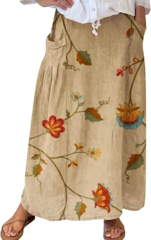 Generic Cotton/Linen Maxi A Line Skirt for Women 2024 - Boho Floral Elastic High Waist Long Skirts Summer Pleated Skirts