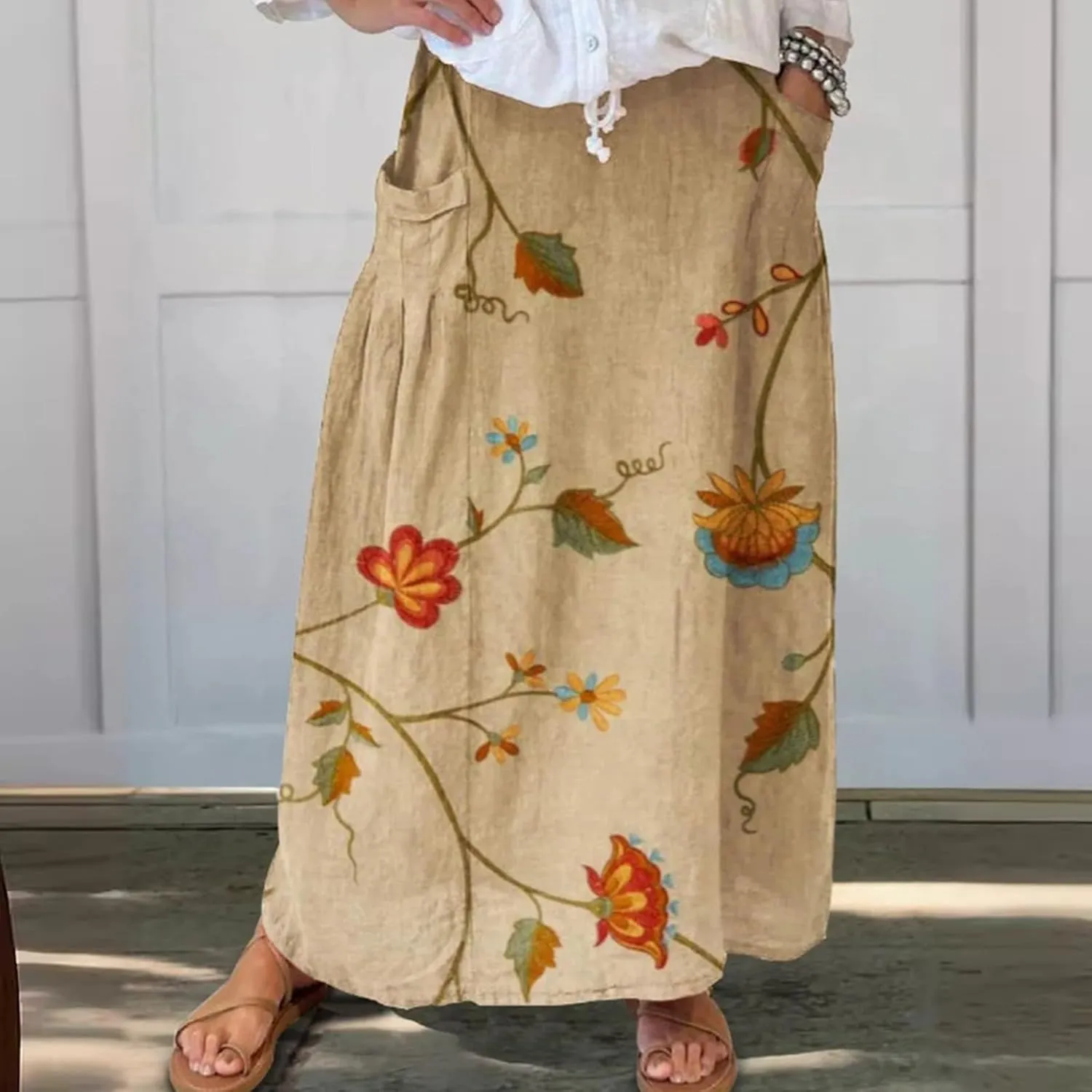 Generic Cotton/Linen Maxi A Line Skirt for Women 2024 - Boho Floral Elastic High Waist Long Skirts Summer Pleated Skirts