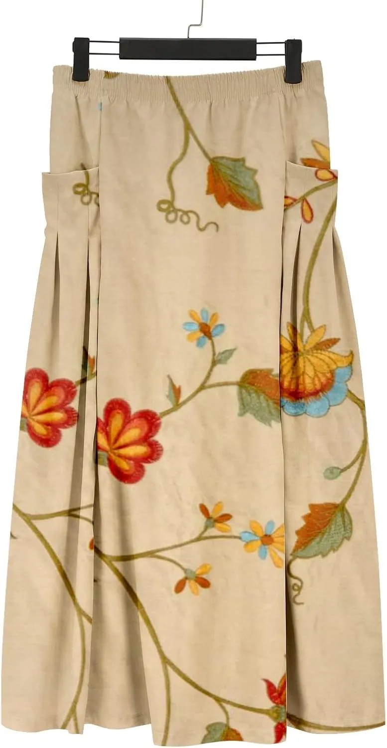 Generic Cotton/Linen Maxi A Line Skirt for Women 2024 - Boho Floral Elastic High Waist Long Skirts Summer Pleated Skirts