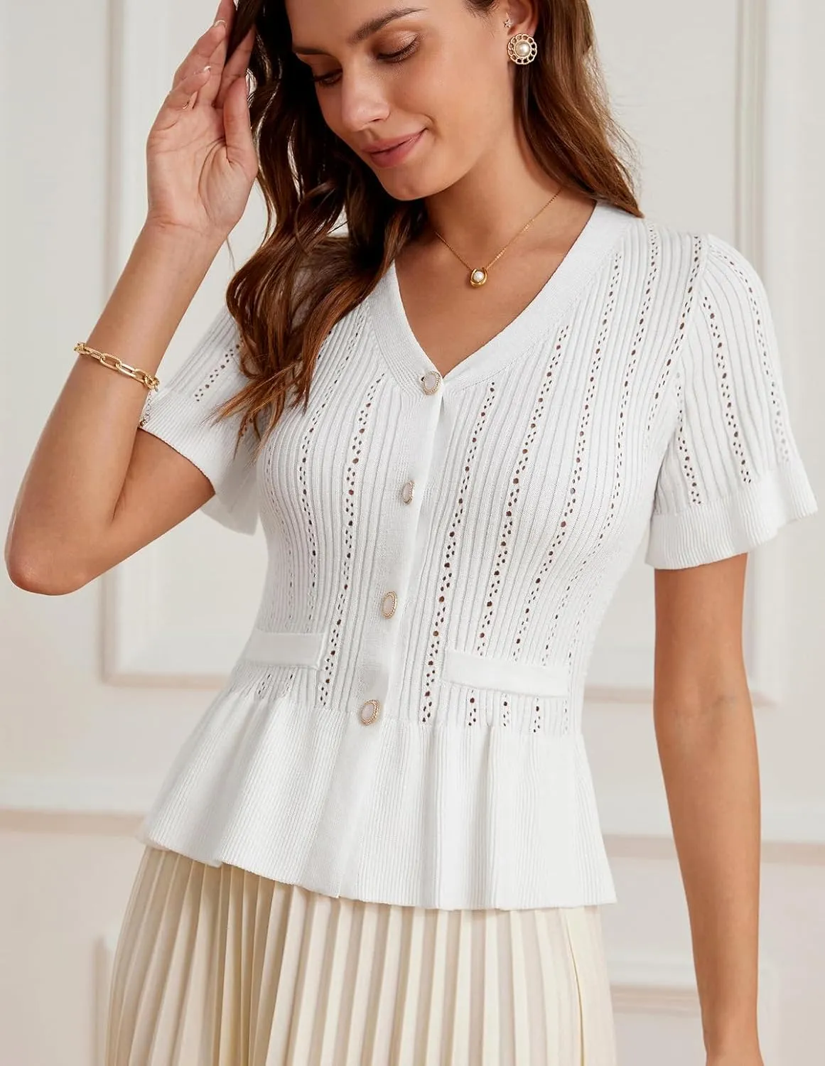GRACE KARIN Women 2025 Short Sleeve Cropped Cardigan Trendy Lightweight V Neck Button Crochet Hollowed-Out Knit Shrug Sweater