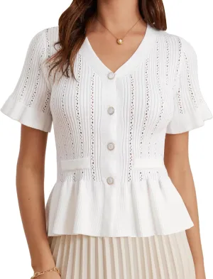 GRACE KARIN Women 2025 Short Sleeve Cropped Cardigan Trendy Lightweight V Neck Button Crochet Hollowed-Out Knit Shrug Sweater