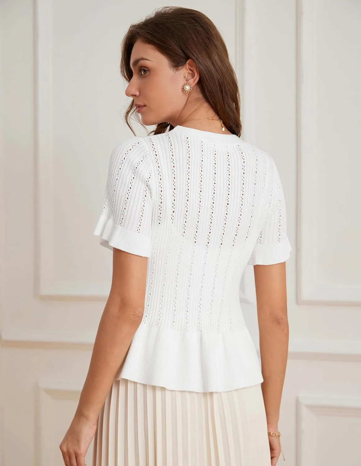 GRACE KARIN Women 2025 Short Sleeve Cropped Cardigan Trendy Lightweight V Neck Button Crochet Hollowed-Out Knit Shrug Sweater